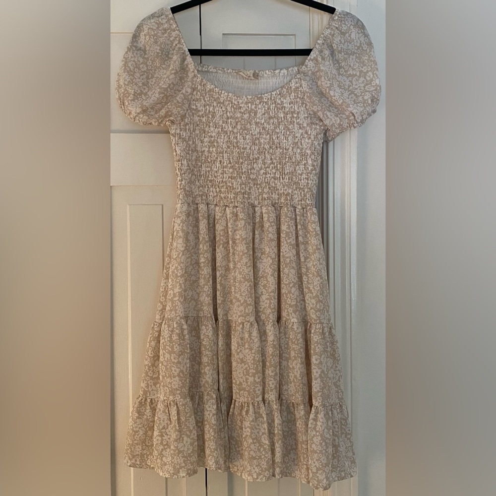 Altar'd State Cream Tan Puff Sleeve Ruffled Midi Dress